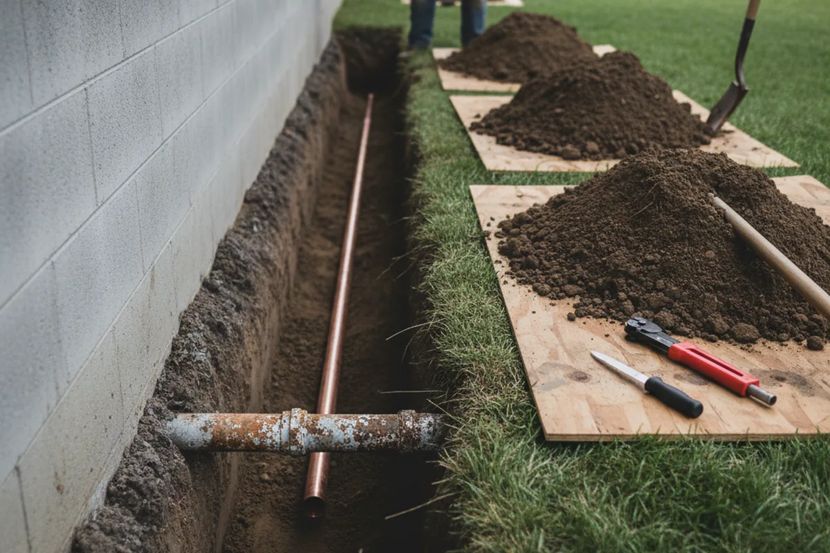 Excavated water line trench during Sewer Line Repair in Commerce